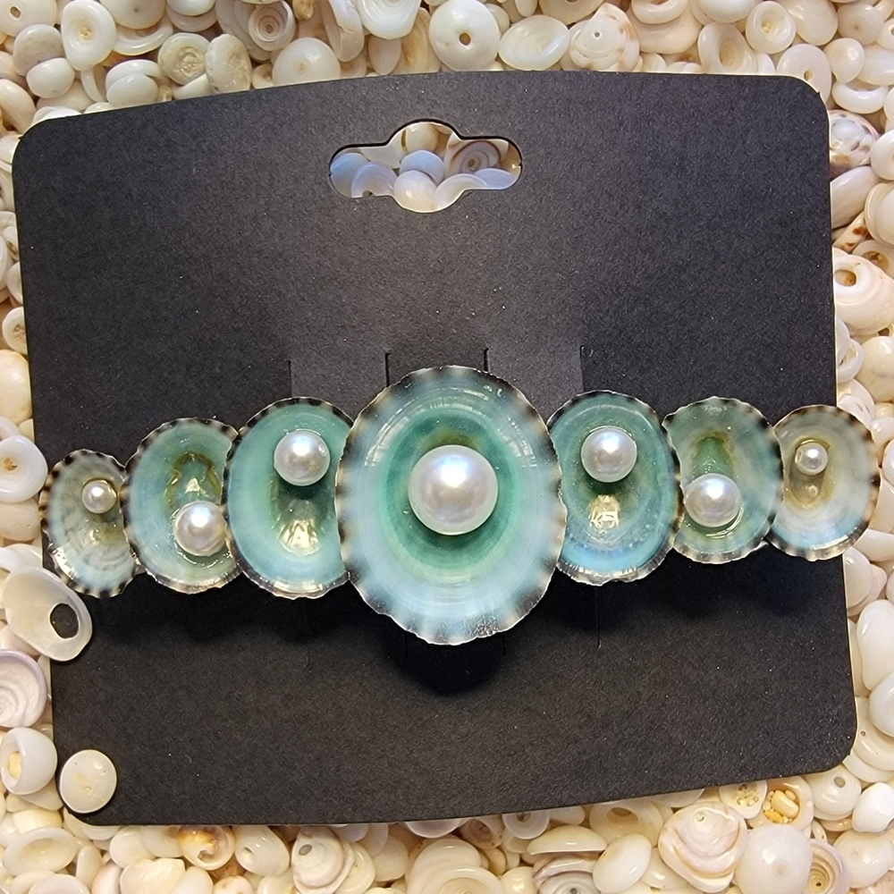 3 1/4" Mexican Aqua Limpet Shells with Swarovski White Pearls Barrette
